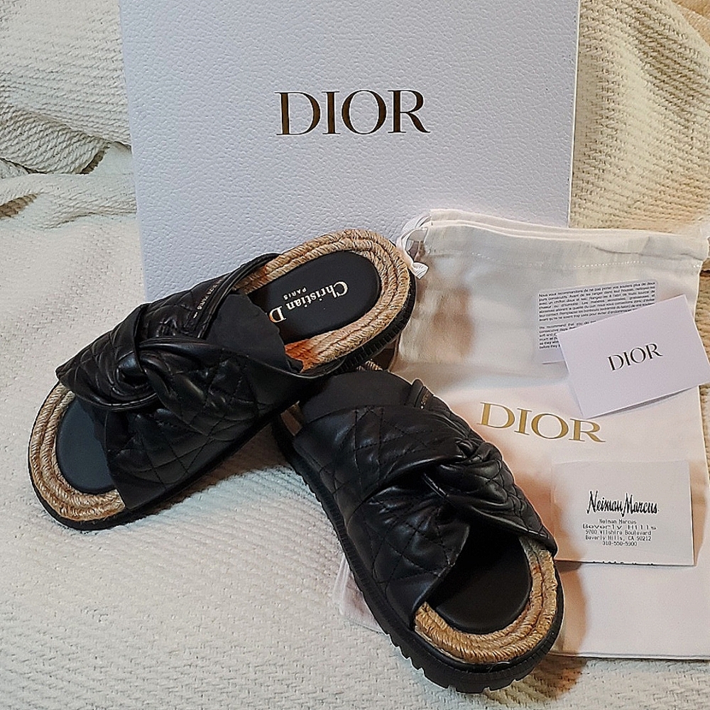 DIOR - DT TWIST SLIDES/ BLACK LAMB SKIN AND JUTE